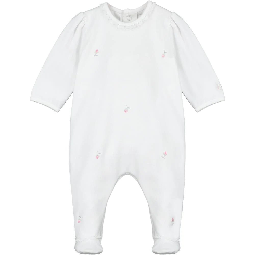 Emile et Rose White babygrow with embroidered rose buds 1964PP